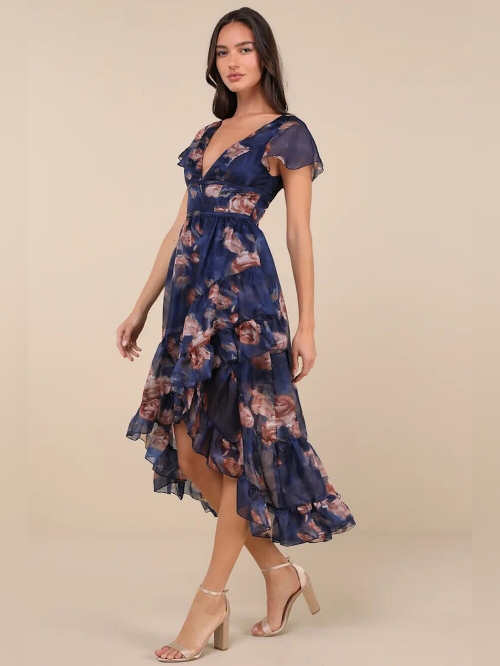 Lulus Floral Navy V-Neck Ruffle Midi Dress - Picture 2 of 13